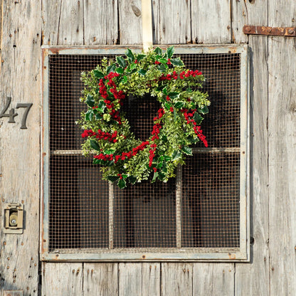 Yulemere holly and red winterberry boxwood Christmas wreath detail view 4