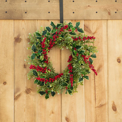 Yulemere holly and red winterberry boxwood Christmas wreath detail view 5