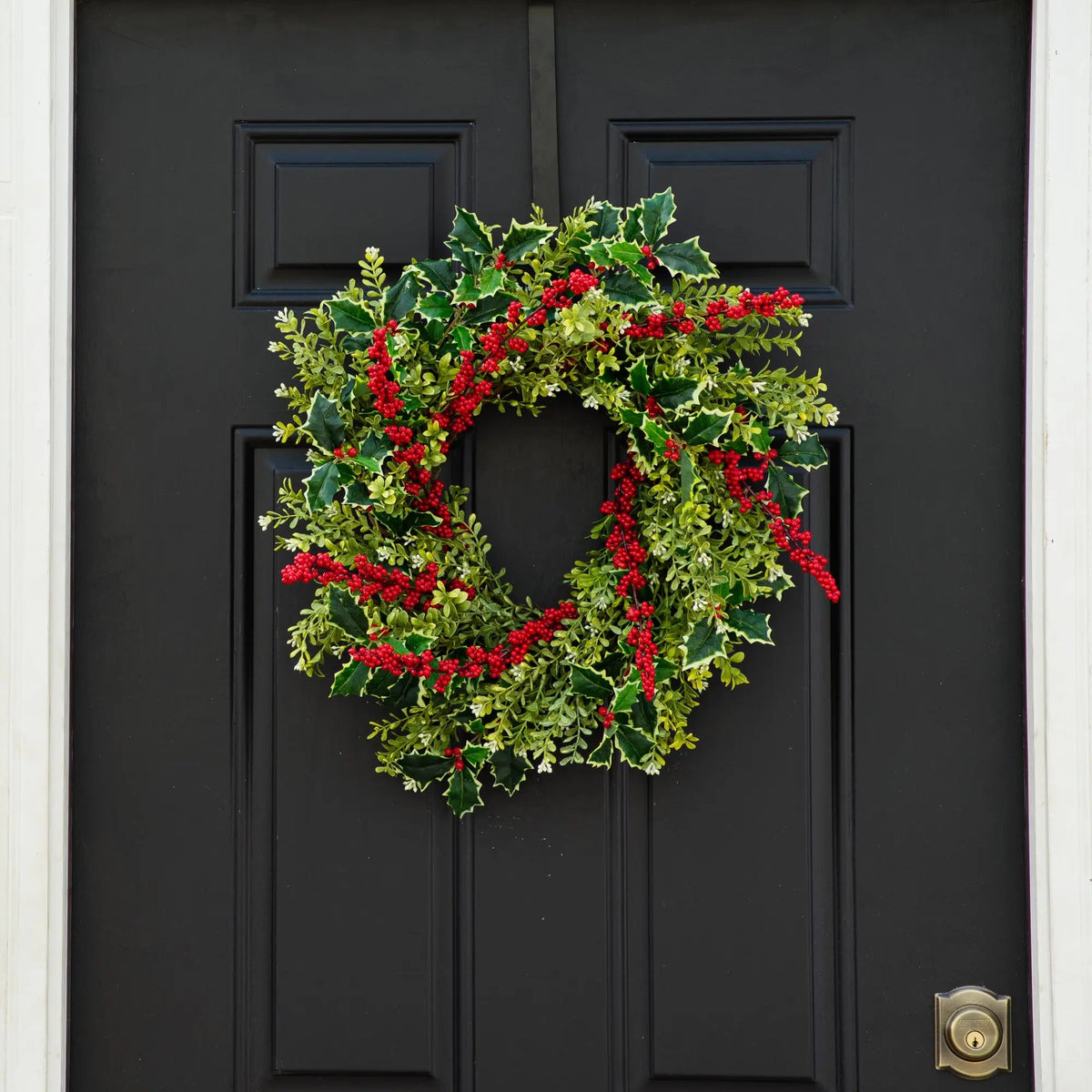 Yulemere holly and red winterberry boxwood Christmas wreath overall view