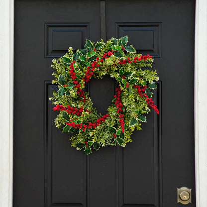 Yulemere holly and red winterberry boxwood Christmas wreath overall view