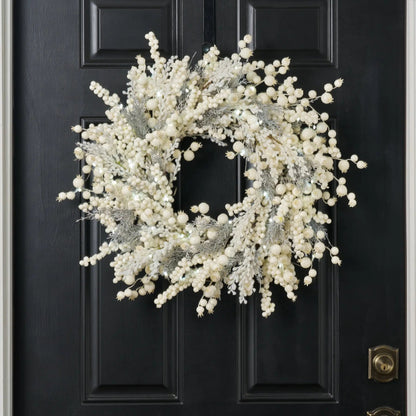 Yulemere Cream Glitter Berry White Christmas Wreath overall view