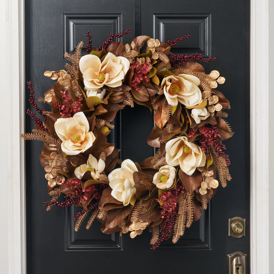 Yulemere Real Touch cream magnolia and eucalyptus Christmas wreath overall view