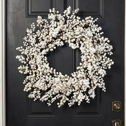 Yulemere Waterproof Winter White Pearl Berry Christmas Wreath overall view