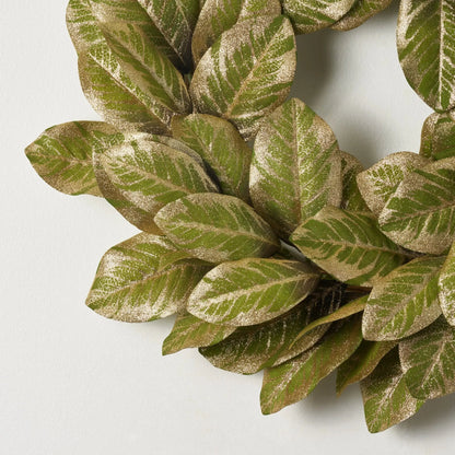 Yulemere Real Touch Green and Gold Metallic Magnolia Christmas Wreath detail view 2
