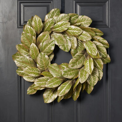 Yulemere Real Touch Green and Gold Metallic Magnolia Christmas Wreath detail view 3