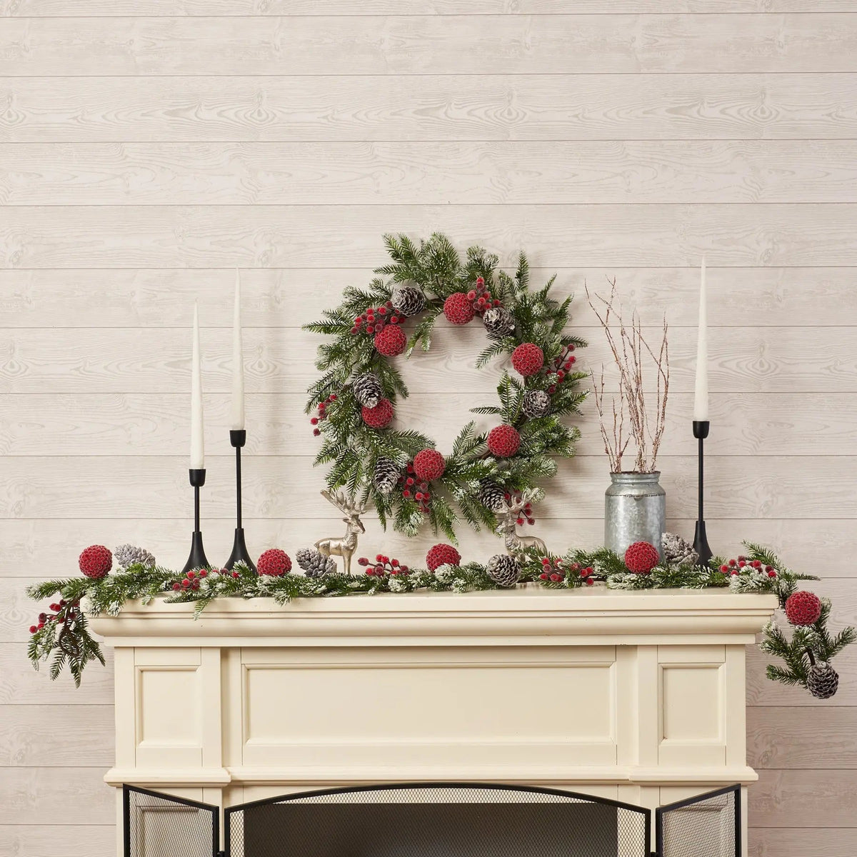 Yulemere Snow Tipped Pine Iced Red Berry Ball Christmas Wreath detail view 3
