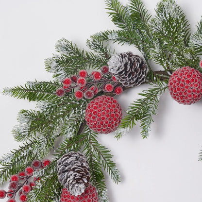 Yulemere Snow Tipped Pine Iced Red Berry Ball Christmas Wreath detail view 2