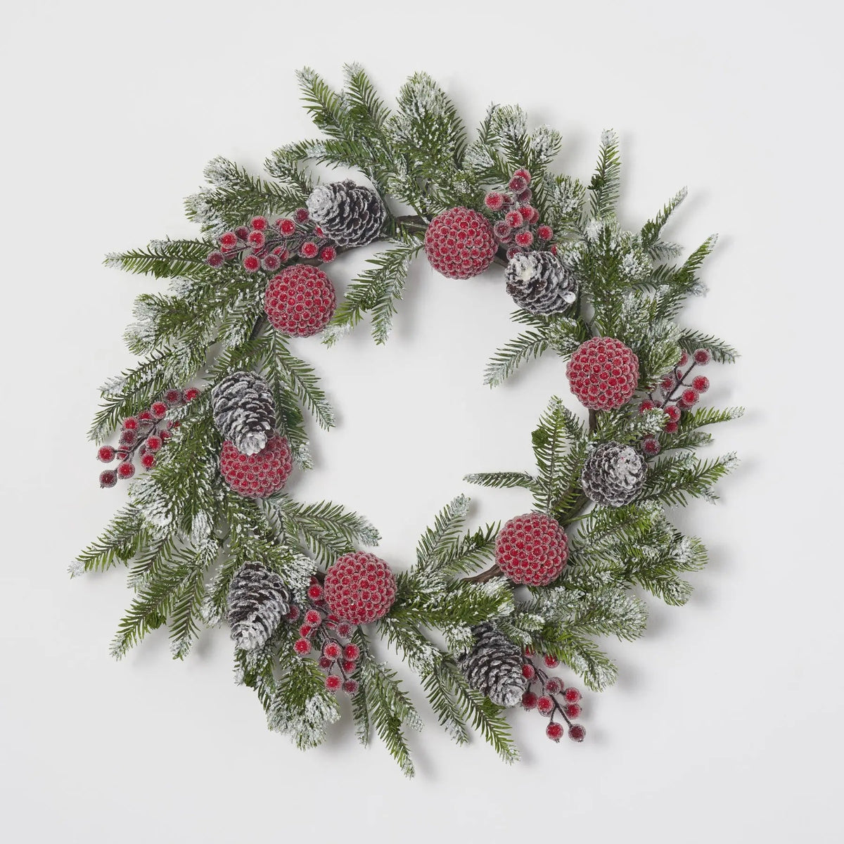 Yulemere Snow Tipped Pine Iced Red Berry Ball Christmas Wreath detail view 4