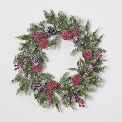 Yulemere Snow Tipped Pine Iced Red Berry Ball Christmas Wreath detail view 4