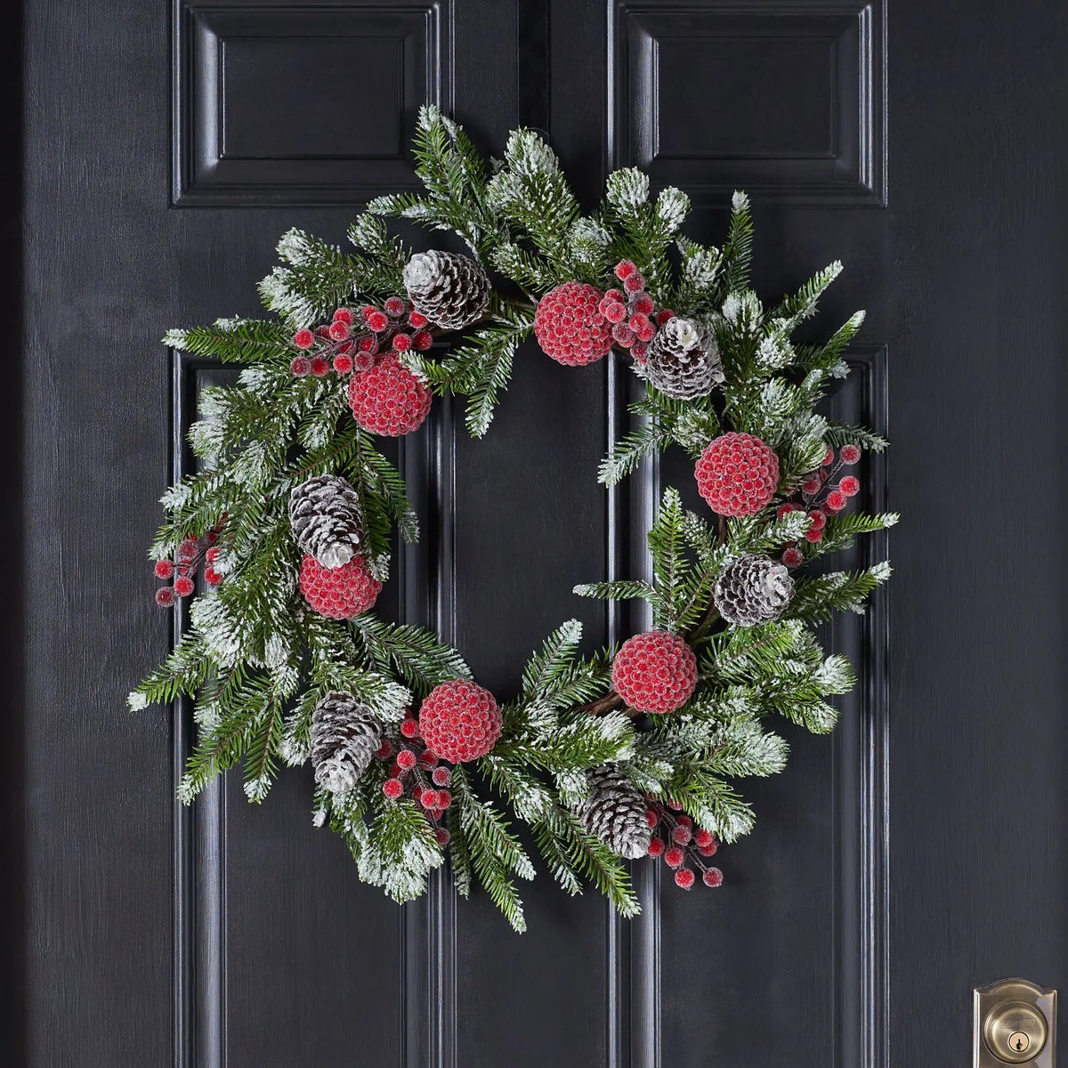 Yulemere Snow Tipped Pine Iced Red Berry Ball Christmas Wreath overall view