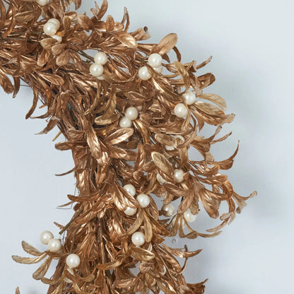 Yulemere Shiny Metallic Gold Boxwood and Pearl White Christmas Wreath detail view 2