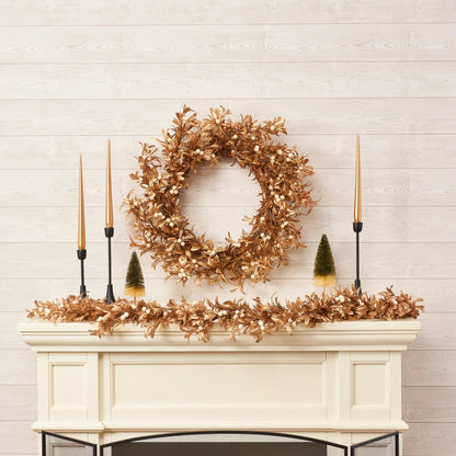 Yulemere Shiny Metallic Gold Boxwood and Pearl White Christmas Wreath overall view