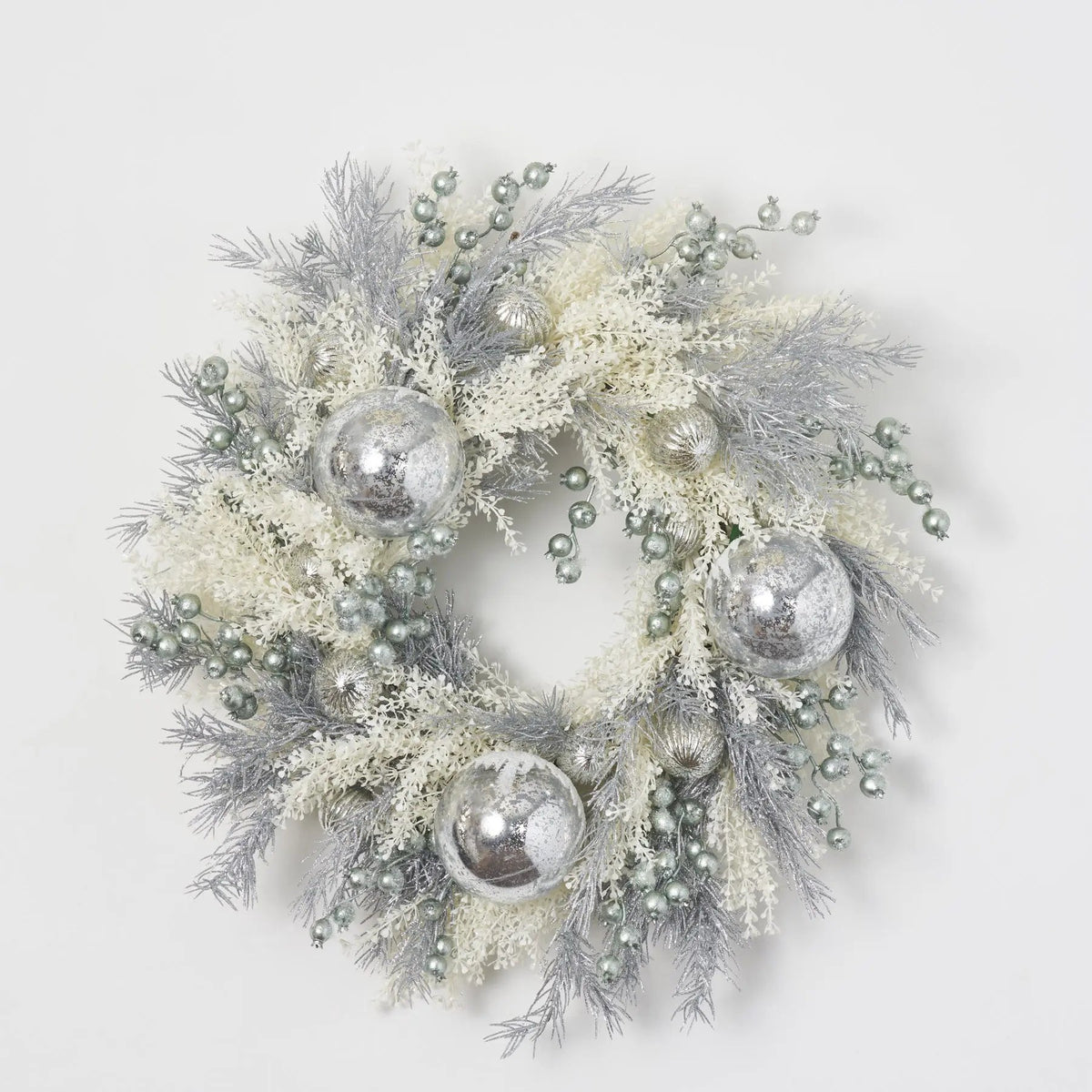 Yulemere Silver Glitter Pine and Shimmer Cream Baby S Christmas Wreath overall view