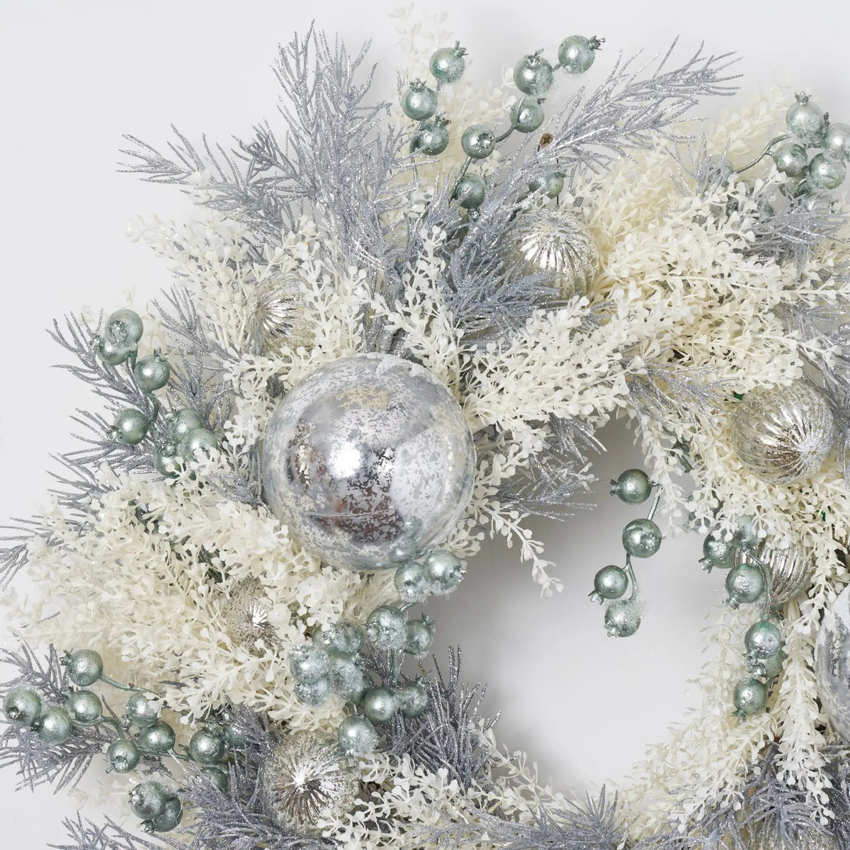 Yulemere Silver Glitter Pine and Shimmer Cream Baby S Christmas Wreath detail view 2