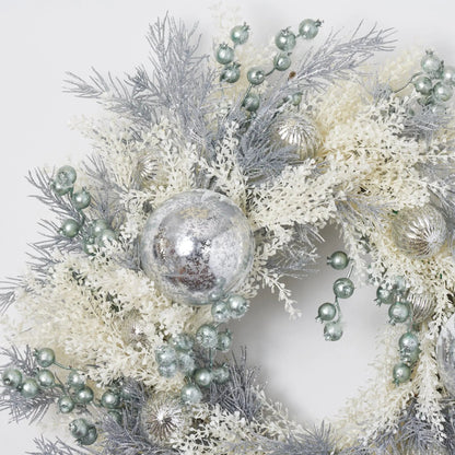 Yulemere Silver Glitter Pine and Shimmer Cream Baby S Christmas Wreath detail view 2