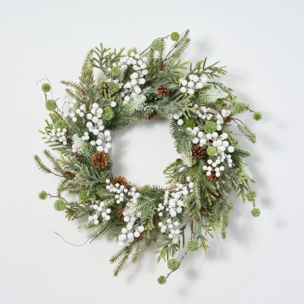 Yulemere White Sugar Berry Pinecone and Winter Greenery Christmas Wreath detail view 3