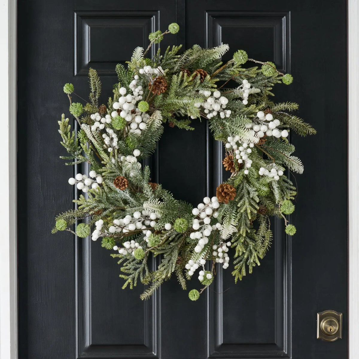 Yulemere White Sugar Berry Pinecone and Winter Greenery Christmas Wreath overall view