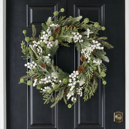 Yulemere White Sugar Berry Pinecone and Winter Greenery Christmas Wreath overall view