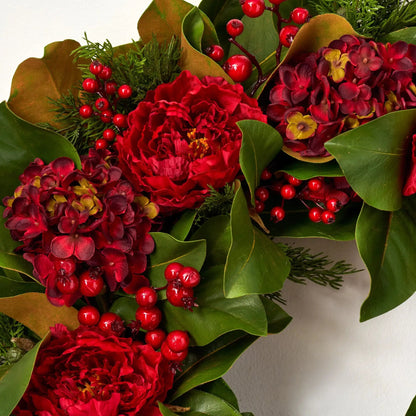 Yulemere Real Touch Magnolia Leaf and Red Hydrangea Christmas Wreath detail view 5