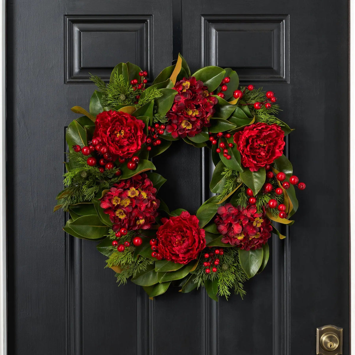 Yulemere Real Touch Magnolia Leaf and Red Hydrangea Christmas Wreath detail view 3