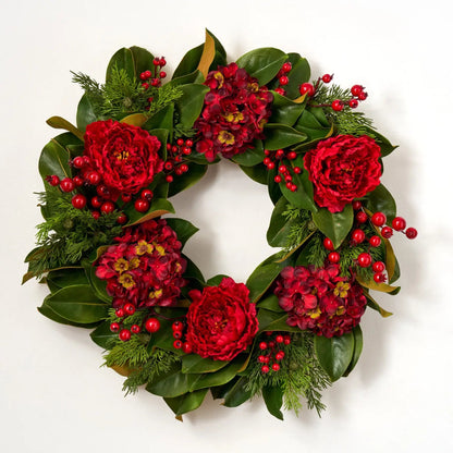 Yulemere Real Touch Magnolia Leaf and Red Hydrangea Christmas Wreath detail view 2