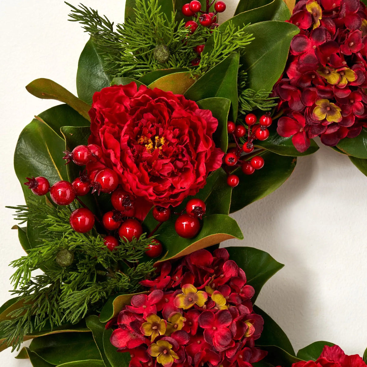 Yulemere Real Touch Magnolia Leaf and Red Hydrangea Christmas Wreath overall view