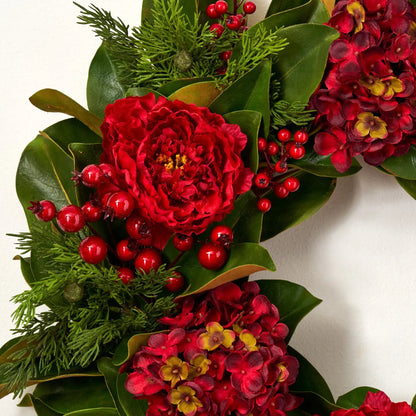 Yulemere Real Touch Magnolia Leaf and Red Hydrangea Christmas Wreath overall view