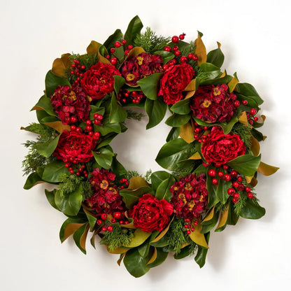 Yulemere Real Touch Magnolia Leaf and Red Hydrangea Christmas Wreath detail view 4
