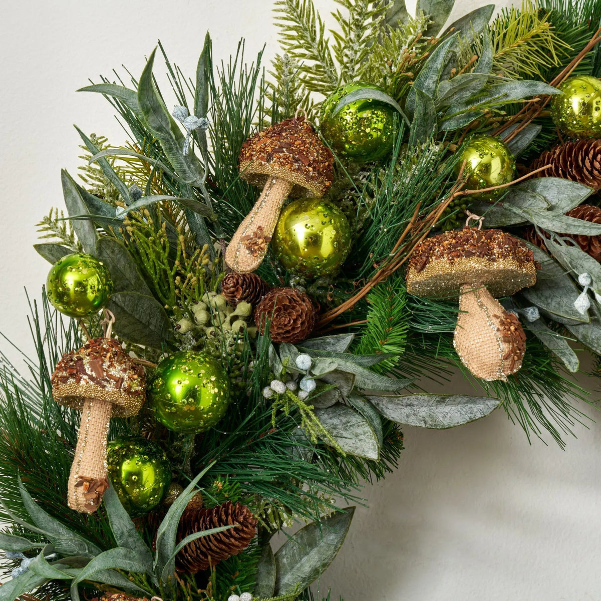 Yulemere Twinkling Toadstool Forest Frosted Long Christmas Wreath detail view 2