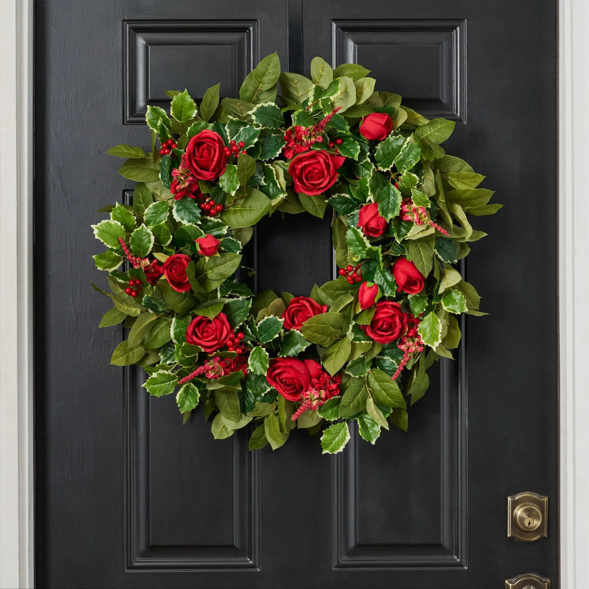 Yulemere Holly Jolly Christmas Red Rose Green Salal Wreath overall view