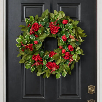 Yulemere Holly Jolly Christmas Red Rose Green Salal Wreath overall view