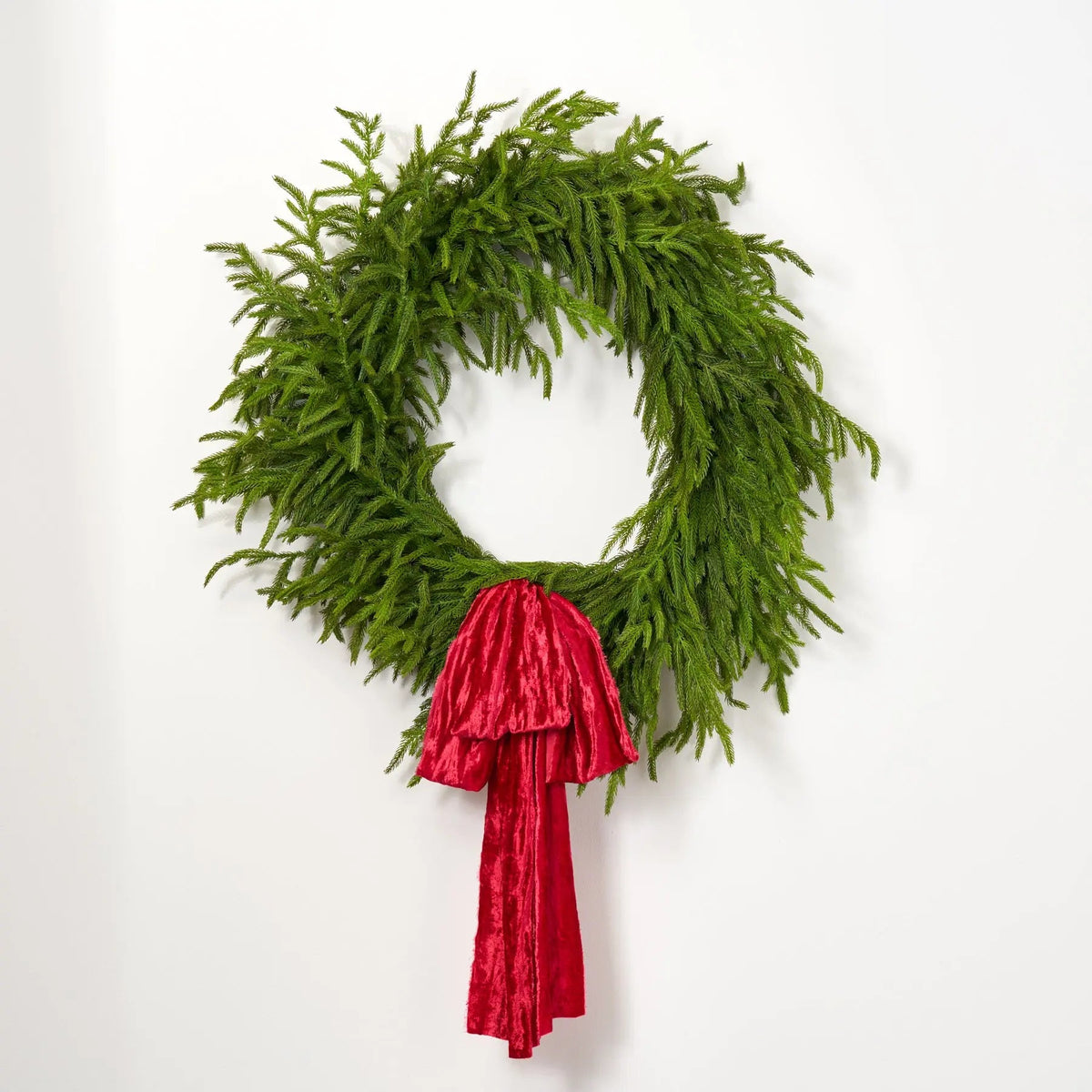 Yulemere Real Touch Norfolk Pine Christmas Wreath with Velvet Ribbon detail view 3