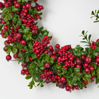 Yulemere Lifelike Green Boxwood and Mixed Red Berry Christmas Wreath overall view