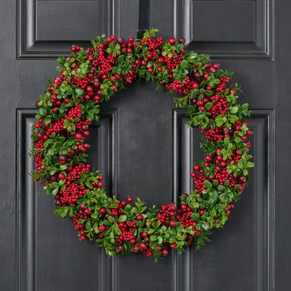 Yulemere Lifelike Green Boxwood and Mixed Red Berry Christmas Wreath detail view 2