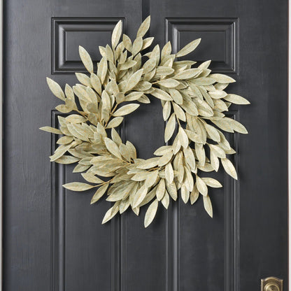 Yulemere Sage Green Gold Brushed Bay Leaf Fall Christmas Wreath detail view 3