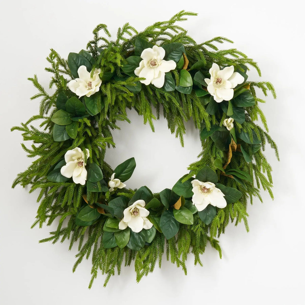 Yulemere Real Touch White Magnolia and Norfolk Pine Christmas Wreath detail view 2