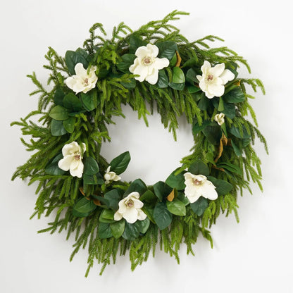 Yulemere Real Touch White Magnolia and Norfolk Pine Christmas Wreath detail view 2