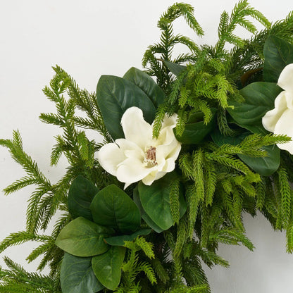 Yulemere Real Touch White Magnolia and Norfolk Pine Christmas Wreath overall view