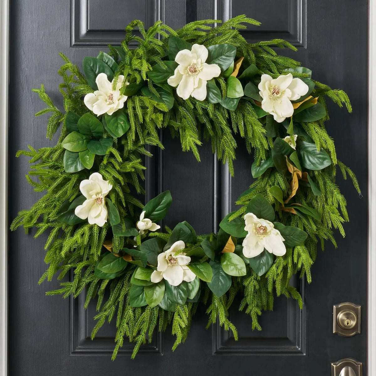Yulemere Real Touch White Magnolia and Norfolk Pine Christmas Wreath detail view 3