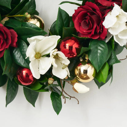 Yulemere Real Touch White Magnolia and Red Rose Christmas Wreath detail view 3