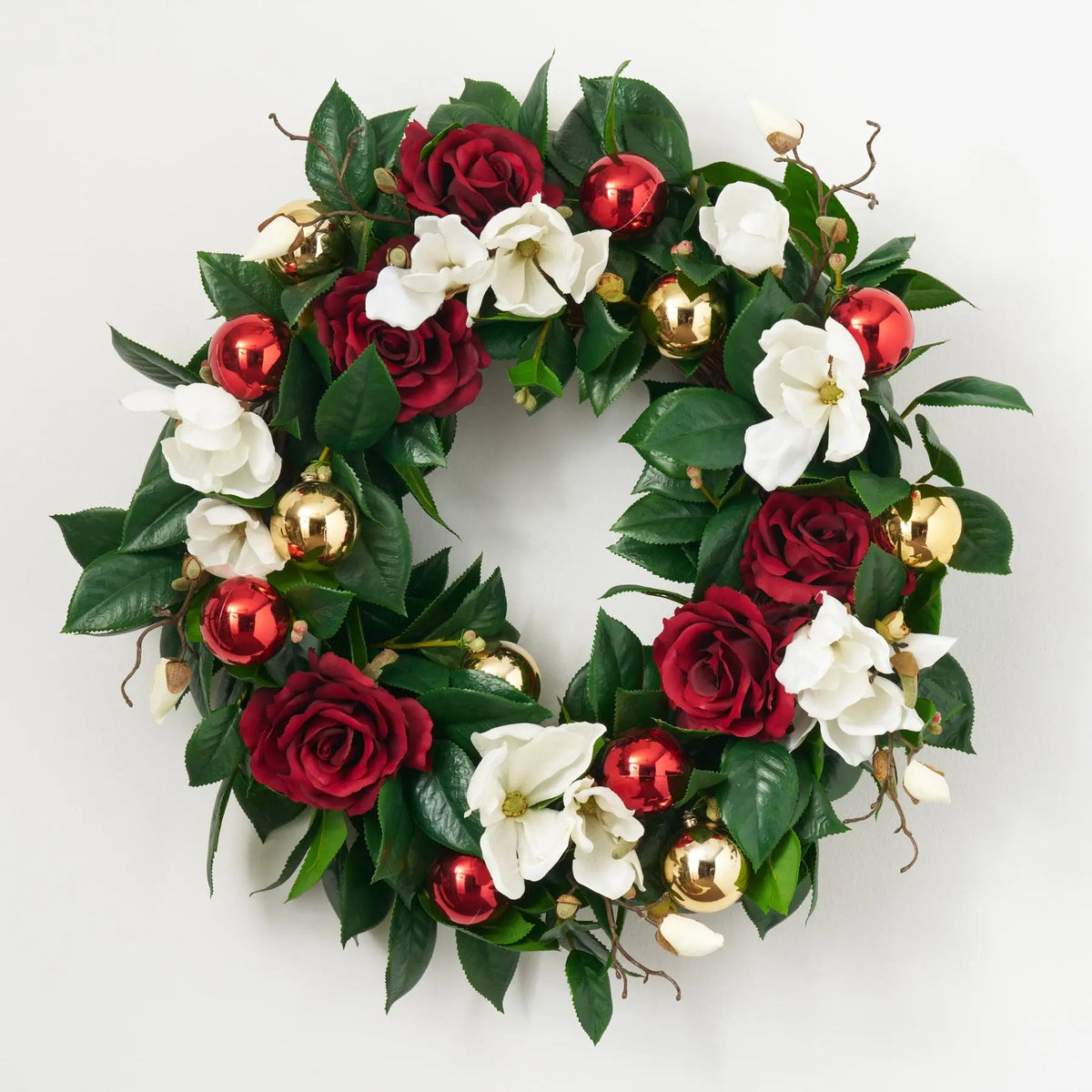 Yulemere Real Touch White Magnolia and Red Rose Christmas Wreath detail view 2