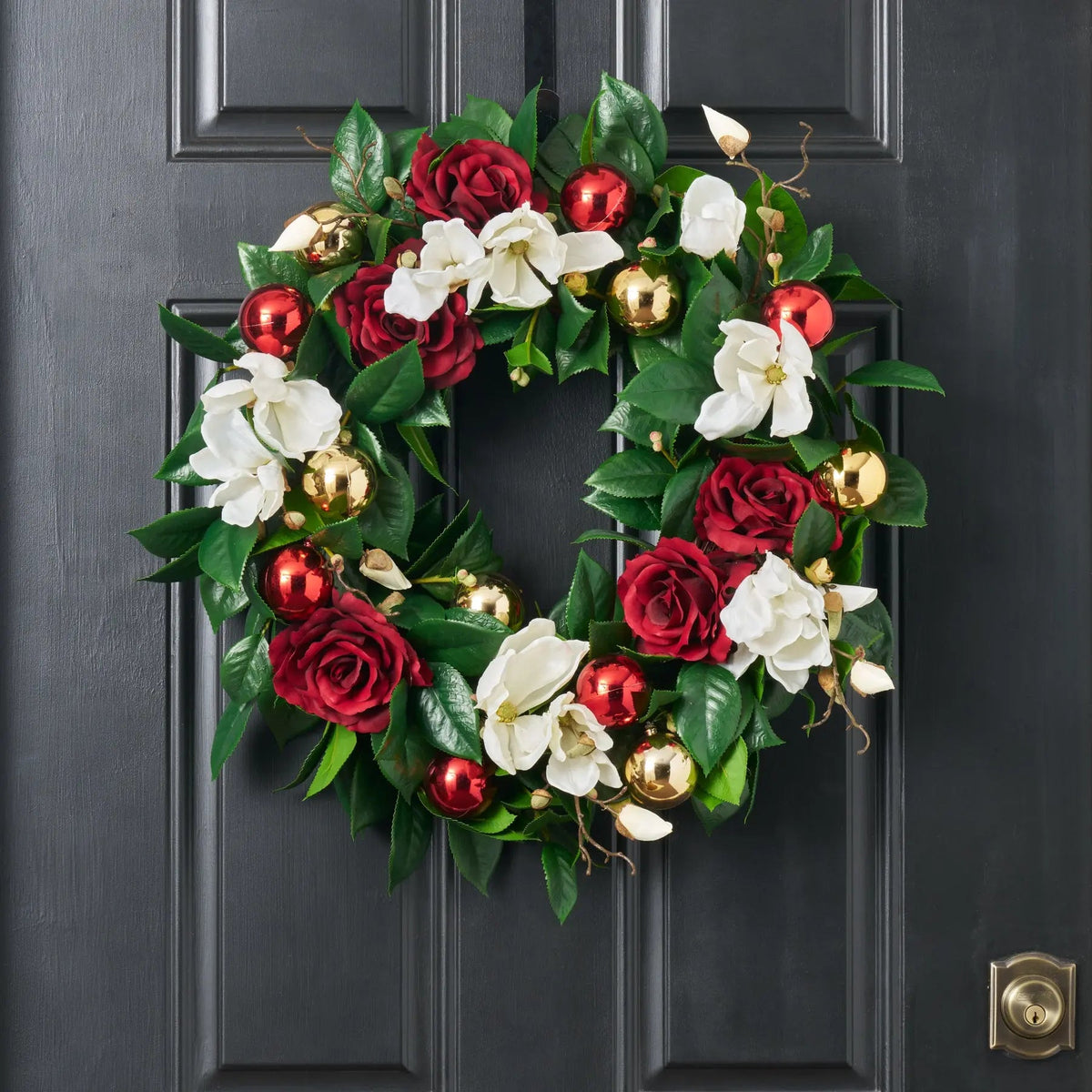 Yulemere Real Touch White Magnolia and Red Rose Christmas Wreath overall view