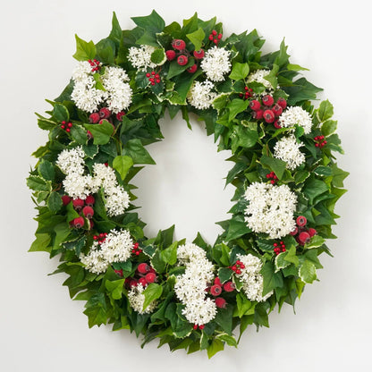 Yulemere Holly Leaf and Berry White Snowball Christmas Wreath detail view 3