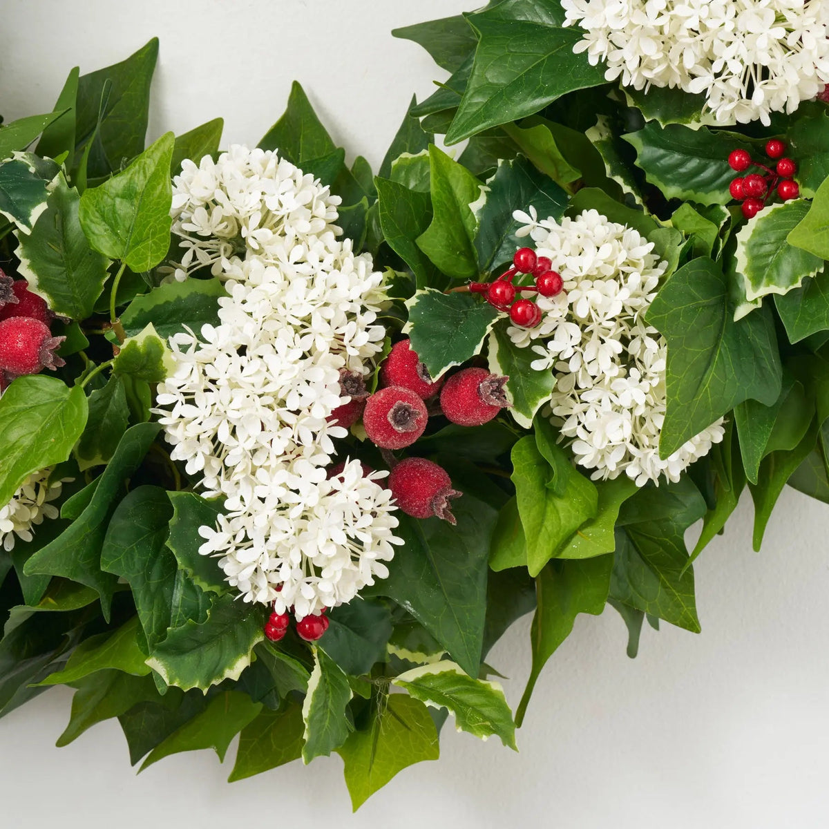 Yulemere Holly Leaf and Berry White Snowball Christmas Wreath overall view