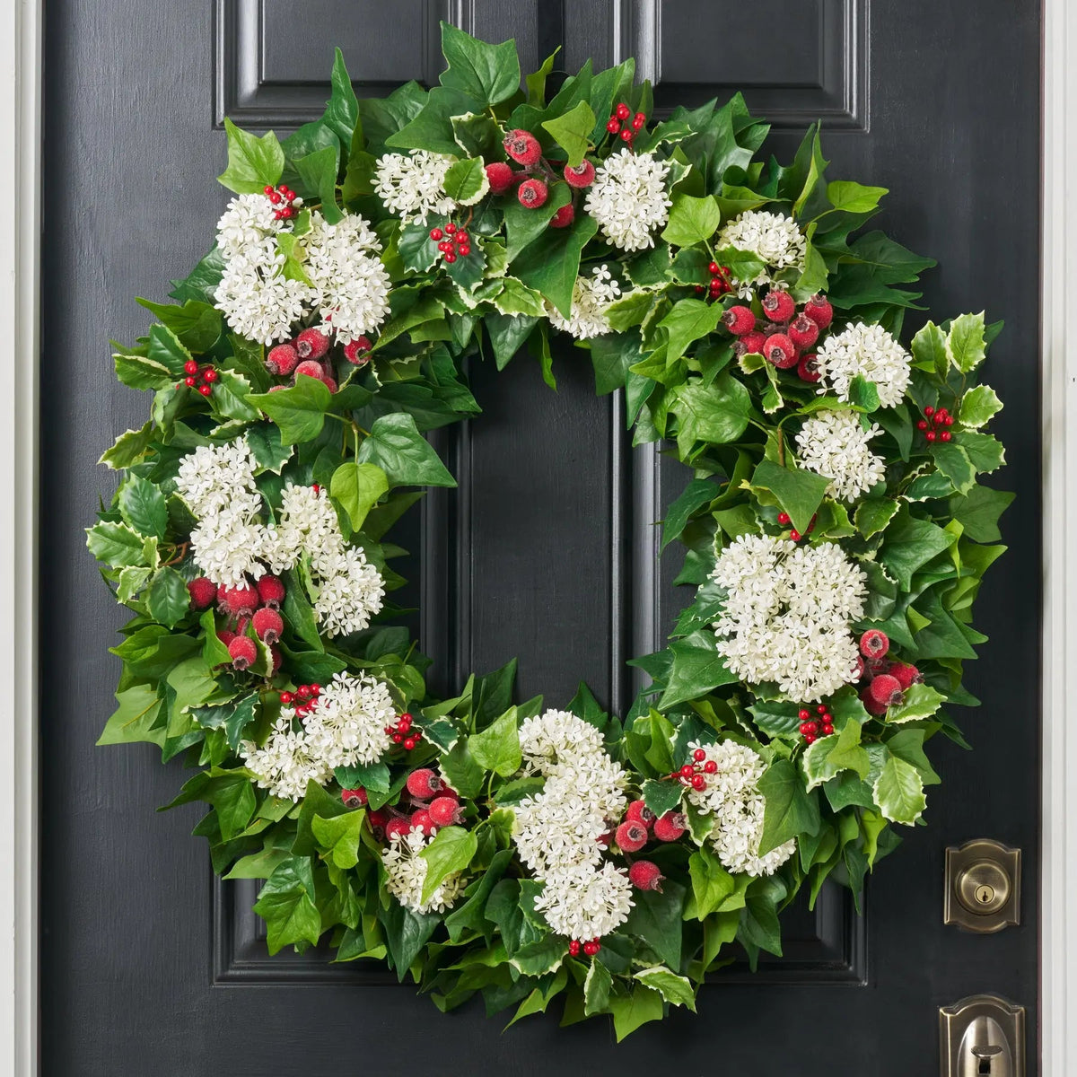 Yulemere Holly Leaf and Berry White Snowball Christmas Wreath detail view 2