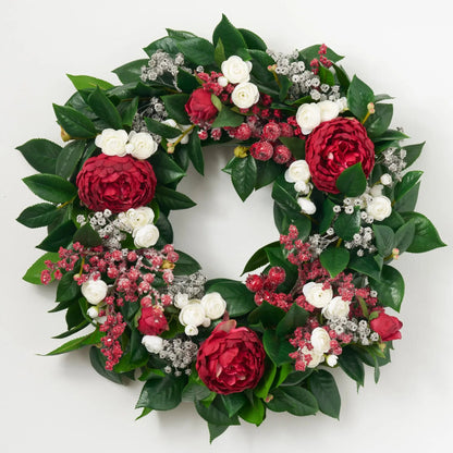 Yulemere Red Peony White Ranunculus Christmas Wreath detail view 2