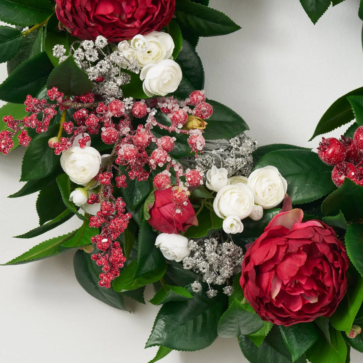 Yulemere Red Peony White Ranunculus Christmas Wreath overall view