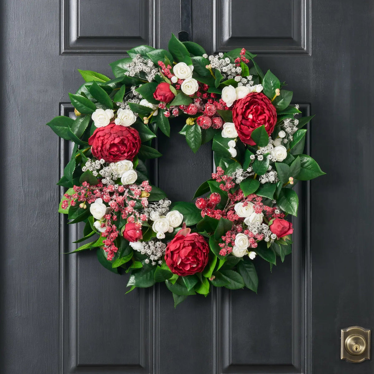Yulemere Red Peony White Ranunculus Christmas Wreath detail view 3