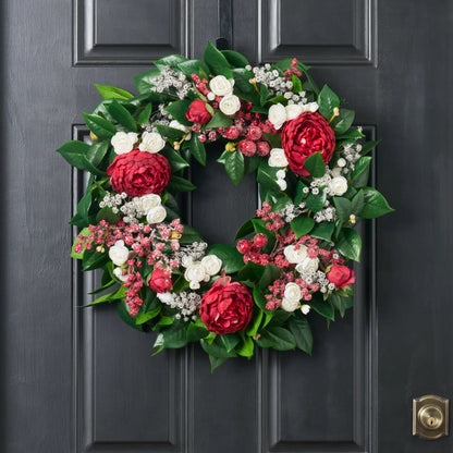Yulemere Red Peony White Ranunculus Christmas Wreath detail view 3