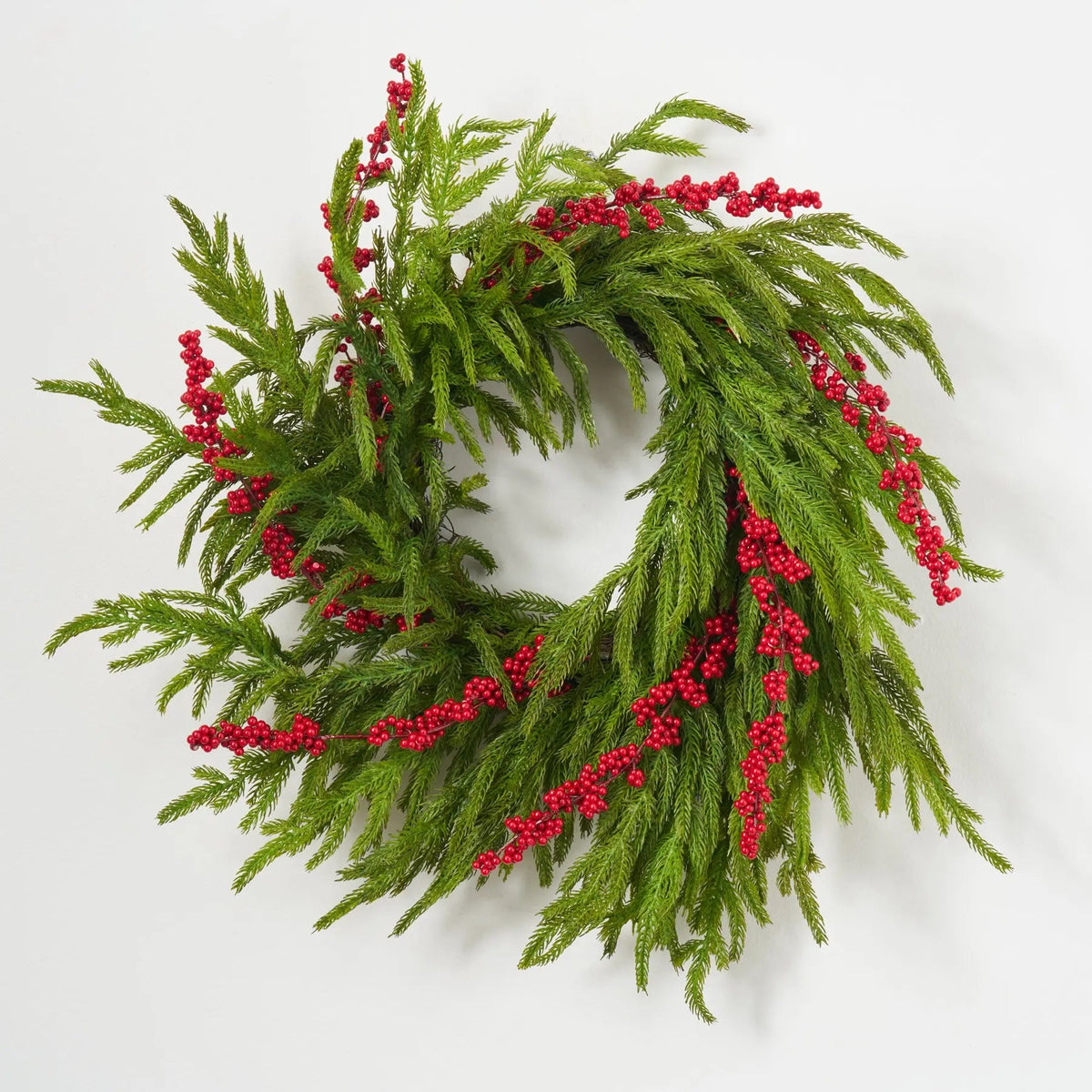 Yulemere Real Touch Norfolk Pine and Red Ilex Berry Christmas Wreath detail view 2